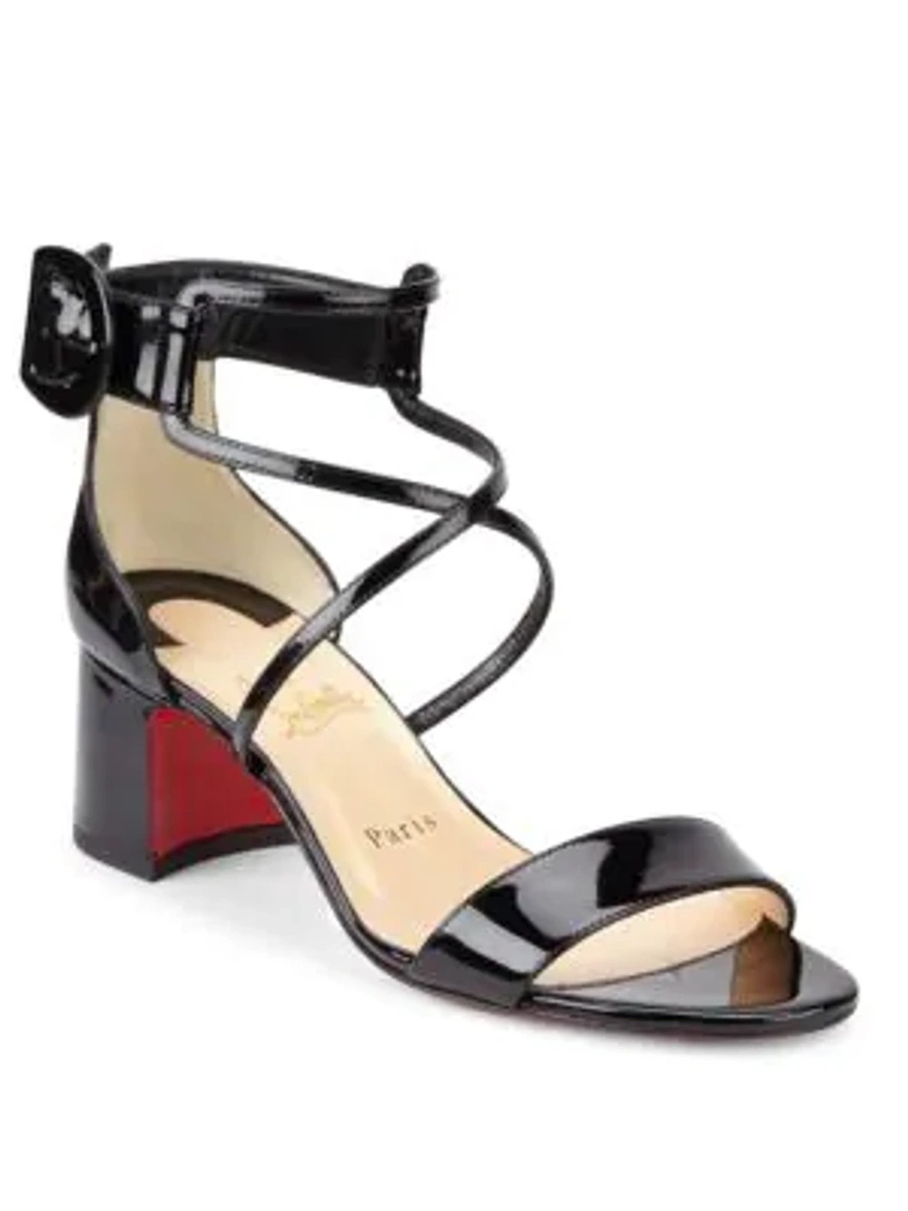 Christian Louboutin Black Patent Leather Strappy Mid Block Heel Sandal